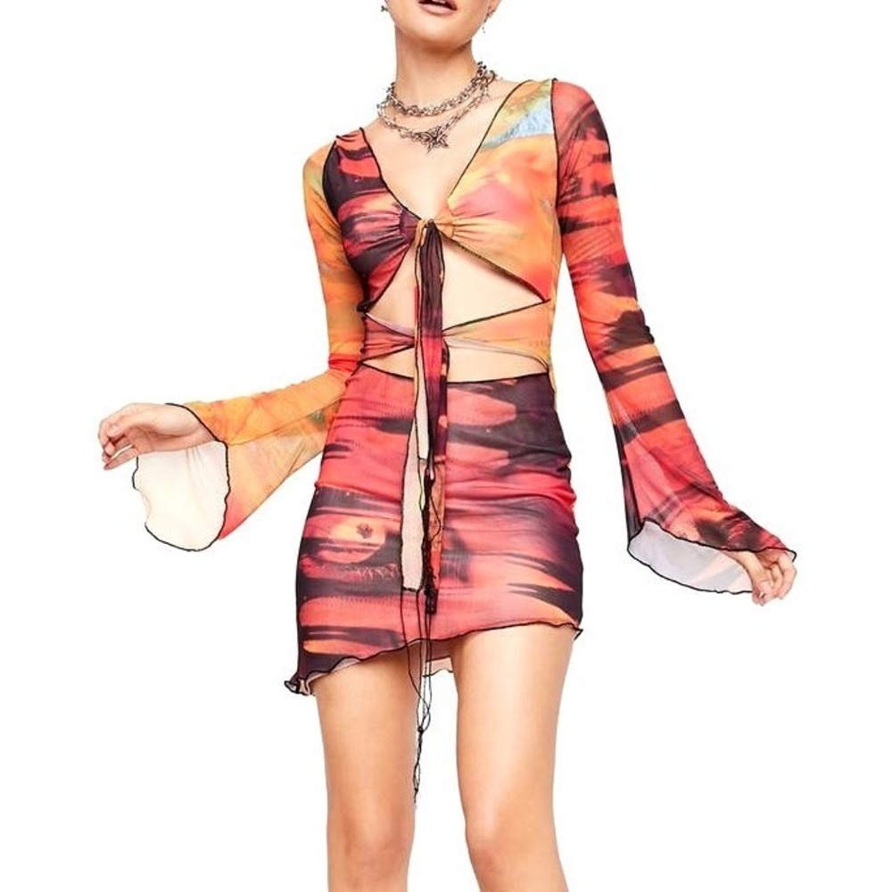 Jaded London Mystic Mesh Dress Orange Red Abstract Cutout Tie Front Size 2